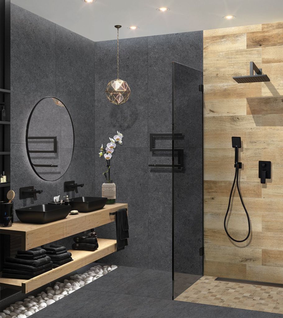 baie amenajata modern placi ceramice gri antracit colectia therme cesarom si faianta cu model de lemn, cabina de dus walk in si lavoar dublu pe blat
