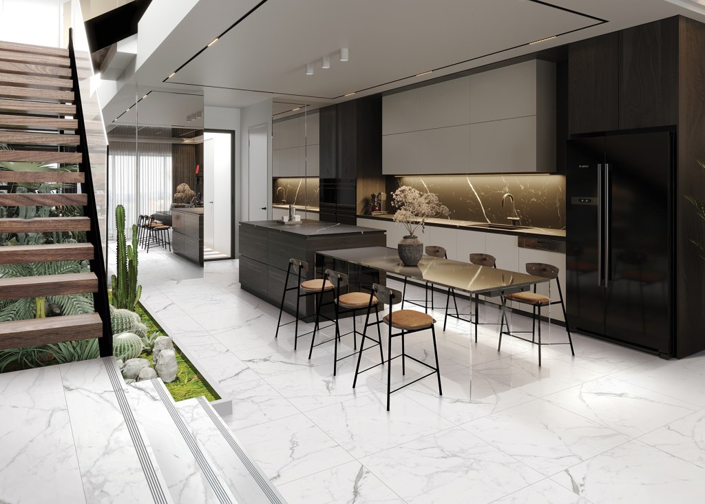 bucatarie open space cu ceramica cesarom lux spider mat model de marmura alba masa dining si mobilier bucatarie minimalist