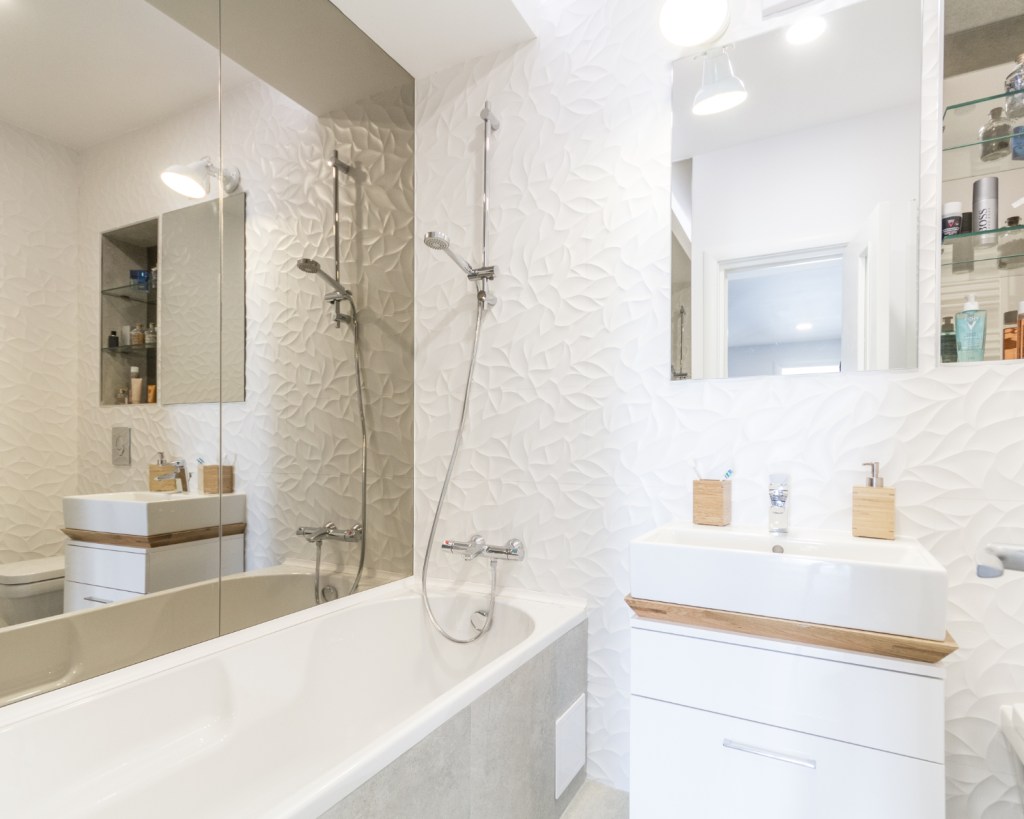 Amenajare open space baie albă cu cadă