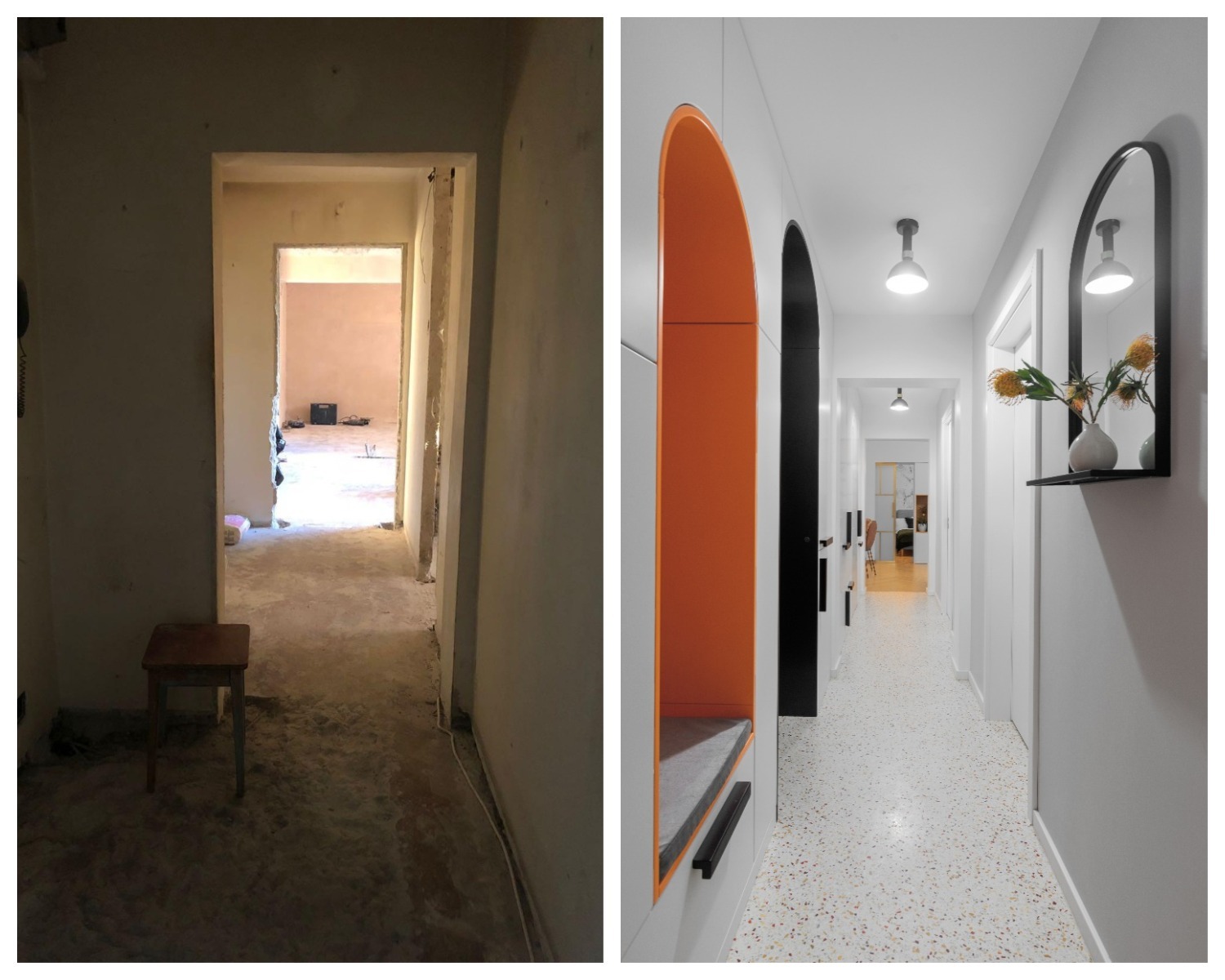 Amenajare Hol Lung și îngust - before and after corpuri de mobilier cu bancuta