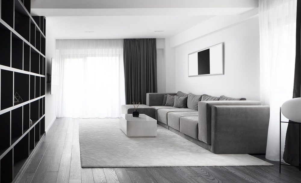 Amenajare living alb negru apartament Craiova Blanc Architecture