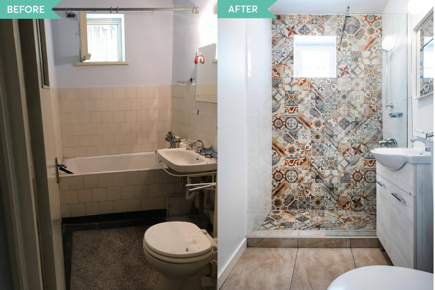 Before and After baie faianta patchwork apartament Militari - Diez Office