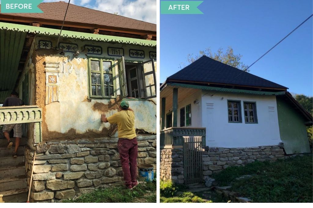 Casa este construită din lemn, pământ și piatră