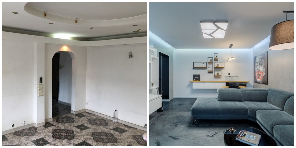 Before and after - Renovare apartament Vitan arh. Alexandru Bucur Interiology - living pardoseală epoxidică