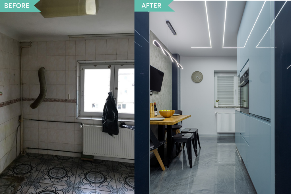 Renovare apartament Vitan arh. Alexandru Bucur Interiology - bucatarie pardoseala epoxidica mobilier bleu (1)