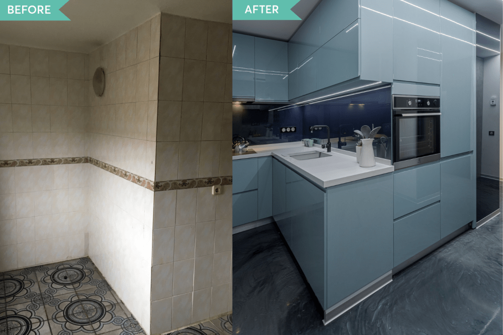 Renovare apartament Vitan arh. Alexandru Bucur Interiology - bucatarie pardoseala epoxidica mobilier bleu (3)