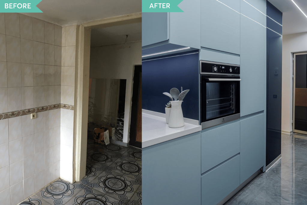 Renovare apartament Vitan arh. Alexandru Bucur Interiology - bucatarie pardoseala epoxidica mobilier bleu (3)
