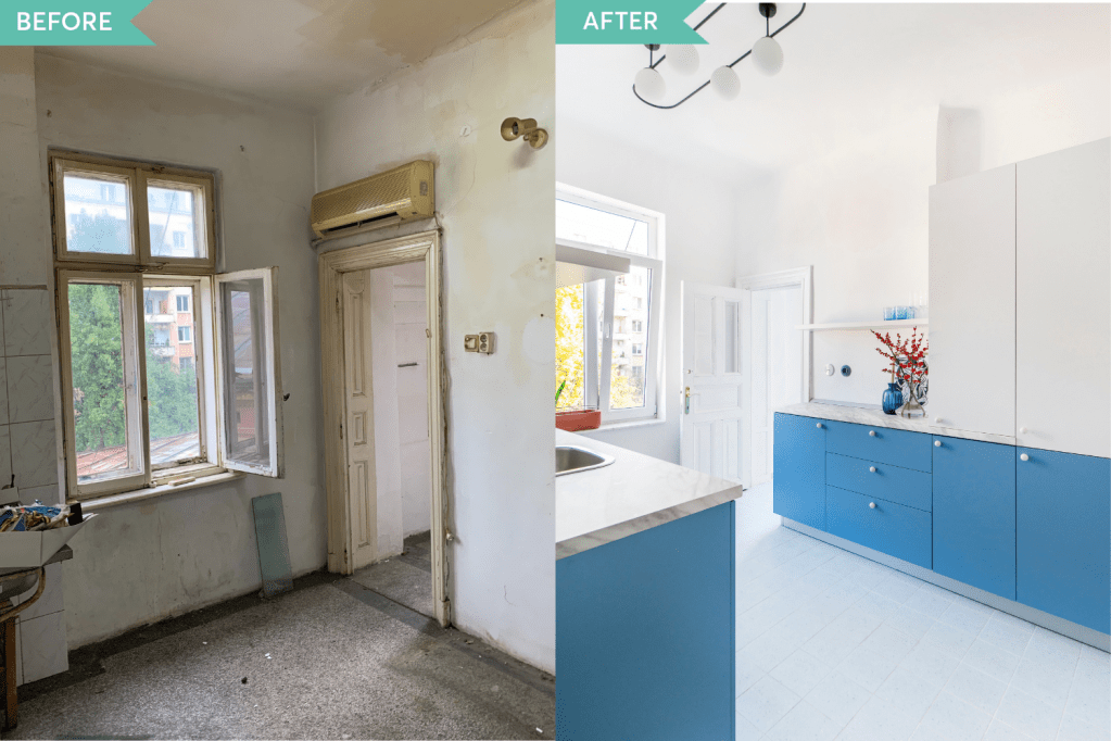 Renovare apartament vechi Amzei Bucuresti - Kanso Design arh. Andra Bica - bucataria inainte si dupa (2)