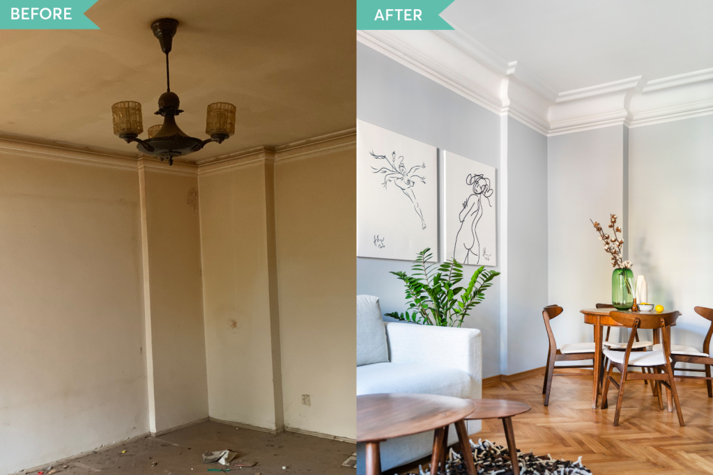 Renovare apartament vechi Amzei Bucuresti - Kanso Design arh. Andra Bica - livingul inainte si dupa (2)