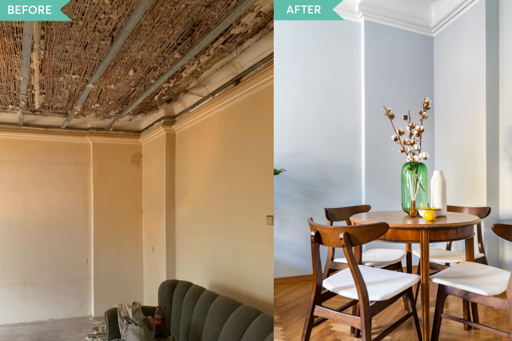 Renovare apartament vechi Amzei Bucuresti - Kanso Design arh. Andra Bica - livingul inainte si dupa (1)