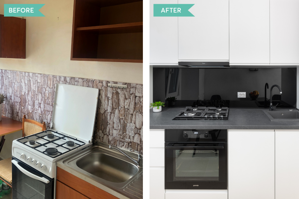 before after apartament airbnb Timișoara bucătărie