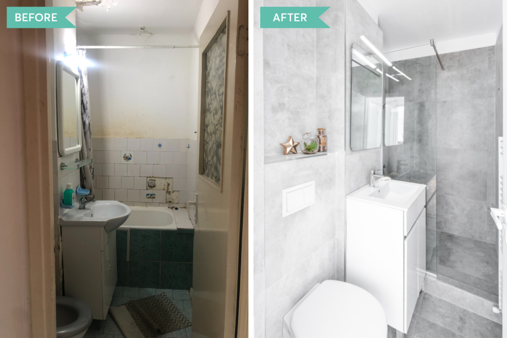 before after apartament airbnb Timișoara baie