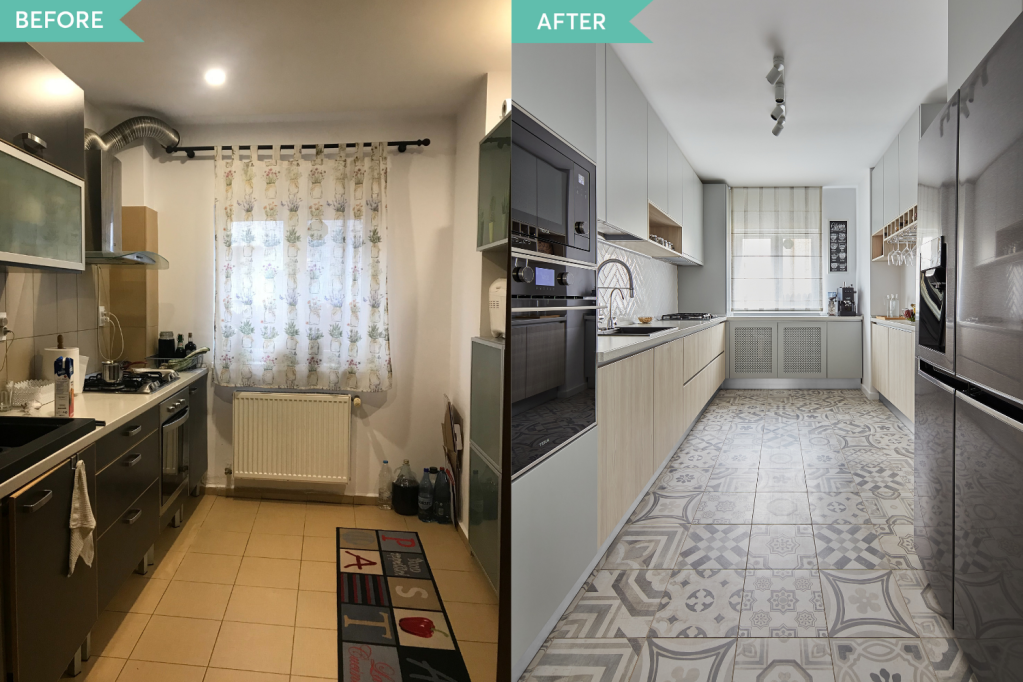 Before and after - renovare bucatarie moderna vila Pipera - arh. Cristina Micu