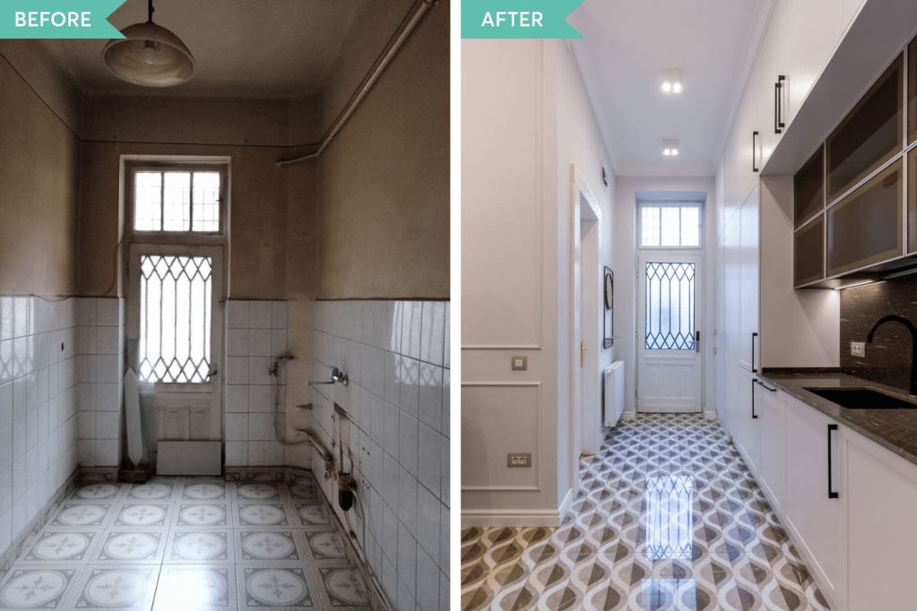 before after vedere din bucatarie spre intrare apartament mic