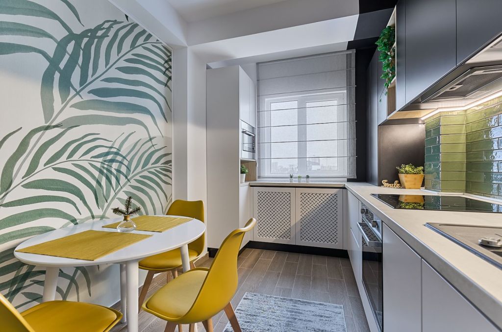 Bucatarie cu accente verzi - faianta metro tiles mobilier modern - Garsoniera moderna - design interior arh. int. Cristina Micu (2)