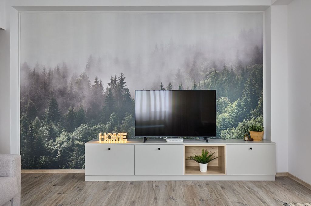Fototapet padure living - comoda TV - Garsoniera moderna - design interior arh. int. Cristina Micu