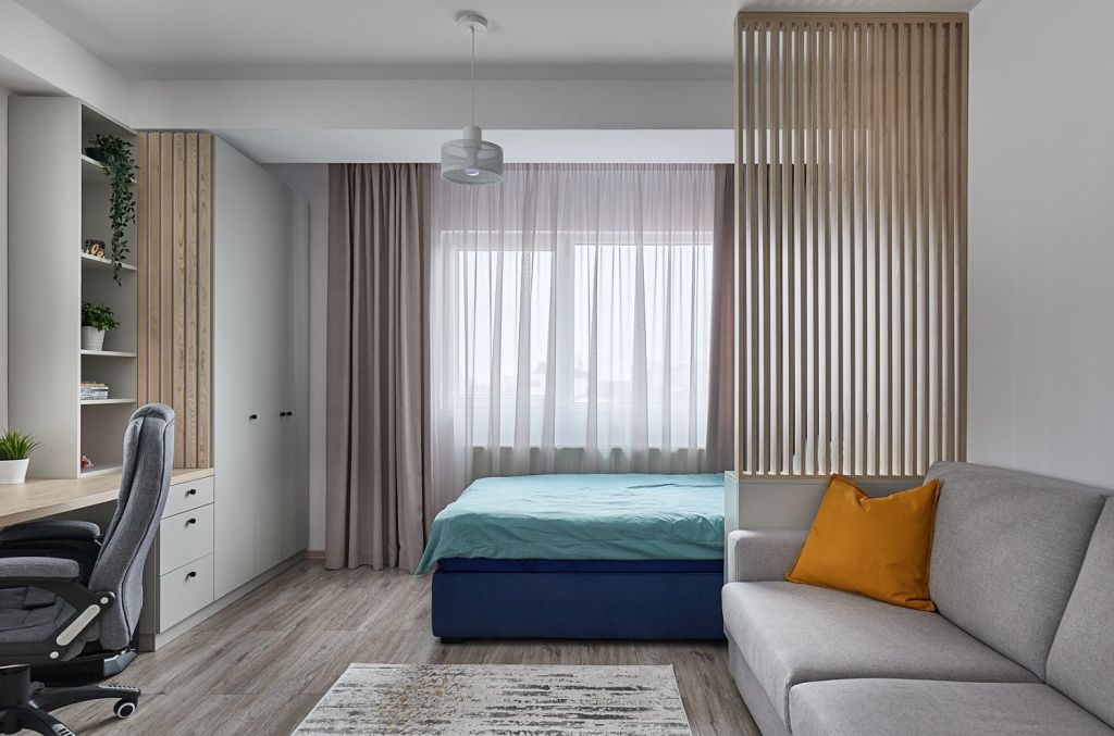 Garsoniera moderna - separator living dormitor - design interior arh. int. Cristina Micu