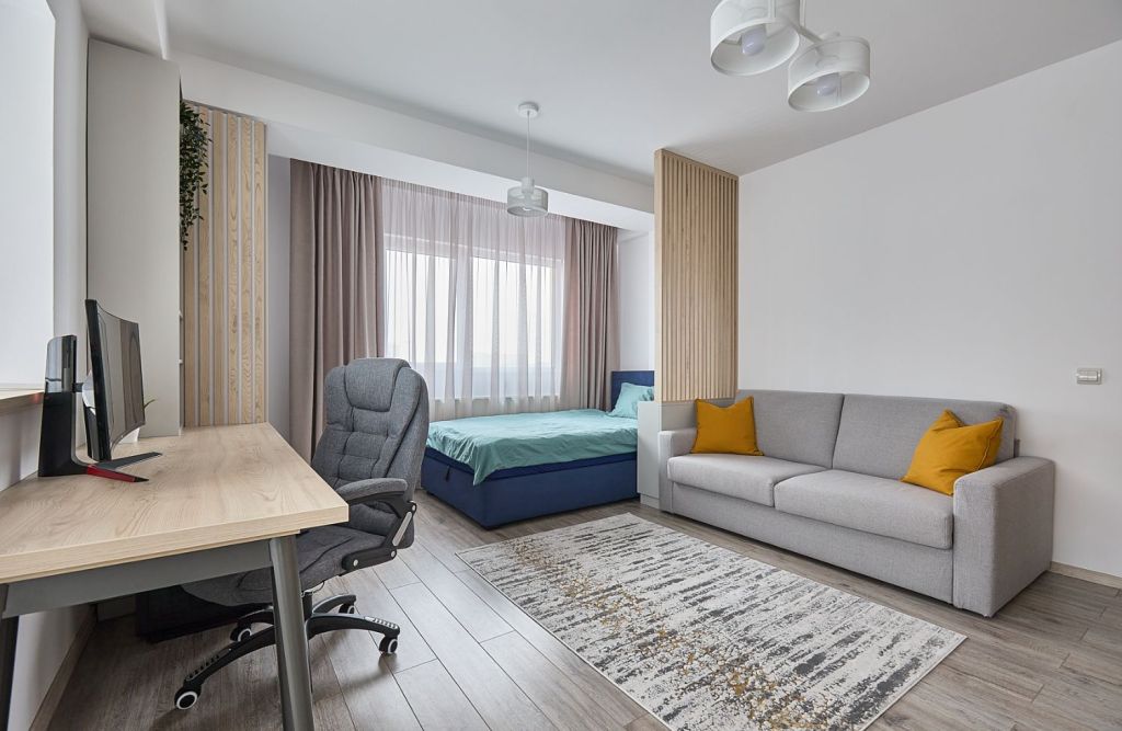 Living canapea gri - garsoniera moderna - design interior arh. int. Cristina Micu