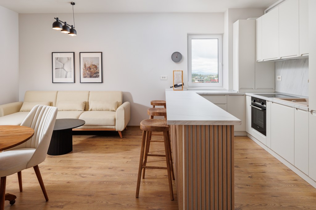 apartament minimalist bucătărie deschisă