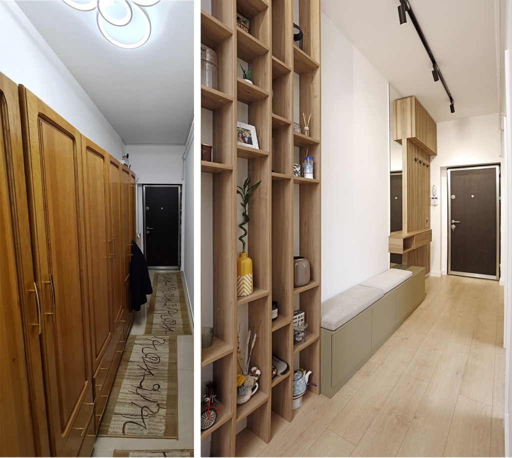 Before after amenajare hol lung apartament Unirii Cristian Patrascu cuier rafturi depozitare
