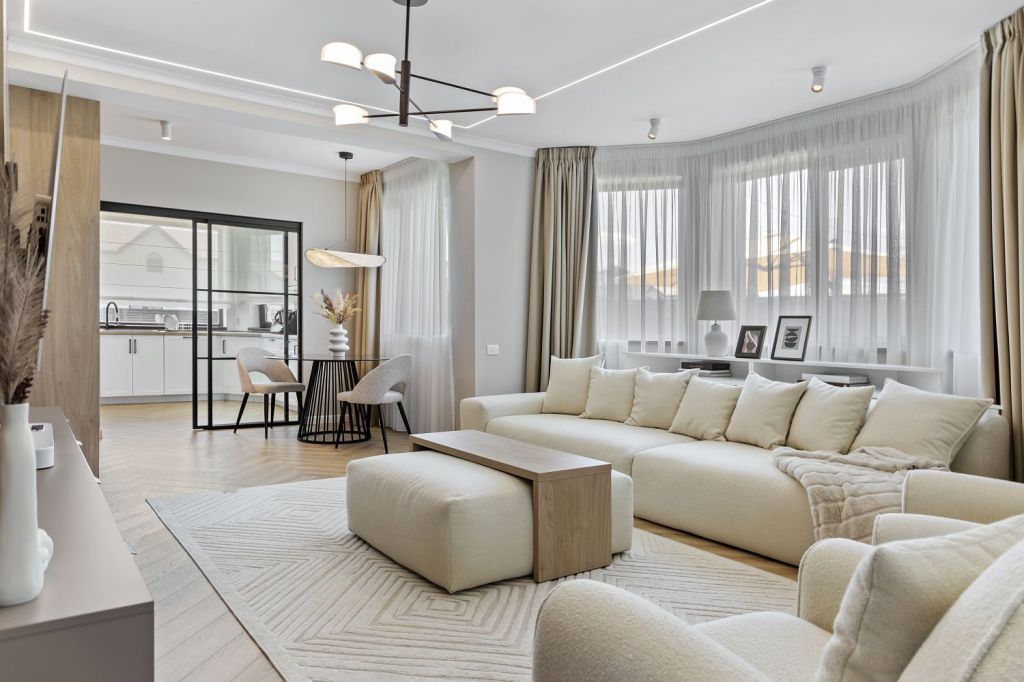 închidere bucătărie open space cu glasvand amenajare living stil japandi kuib design
