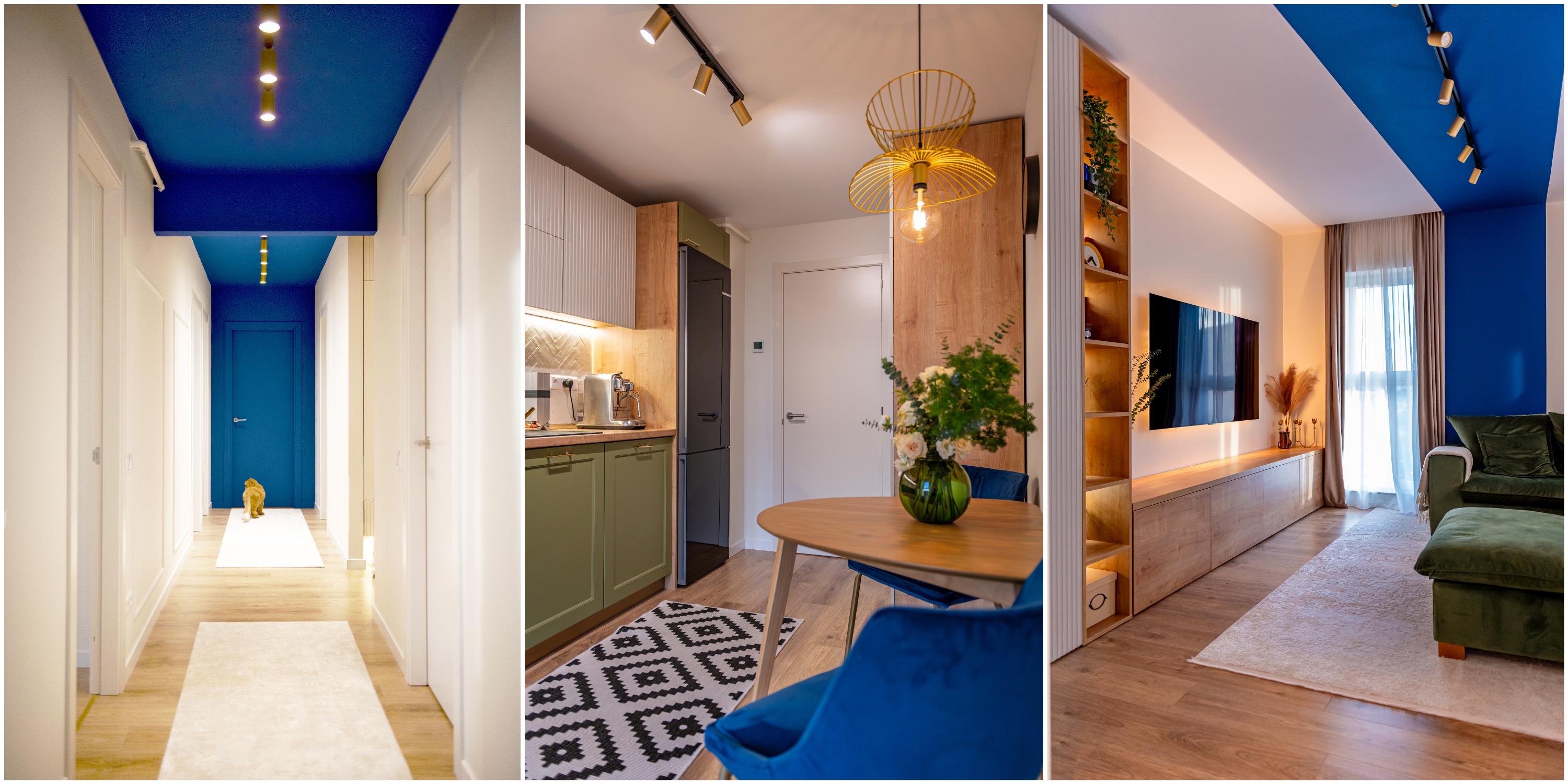 amenajare cu multe zone vopsite in albastru, pereti albi si mobilier verde masliniu