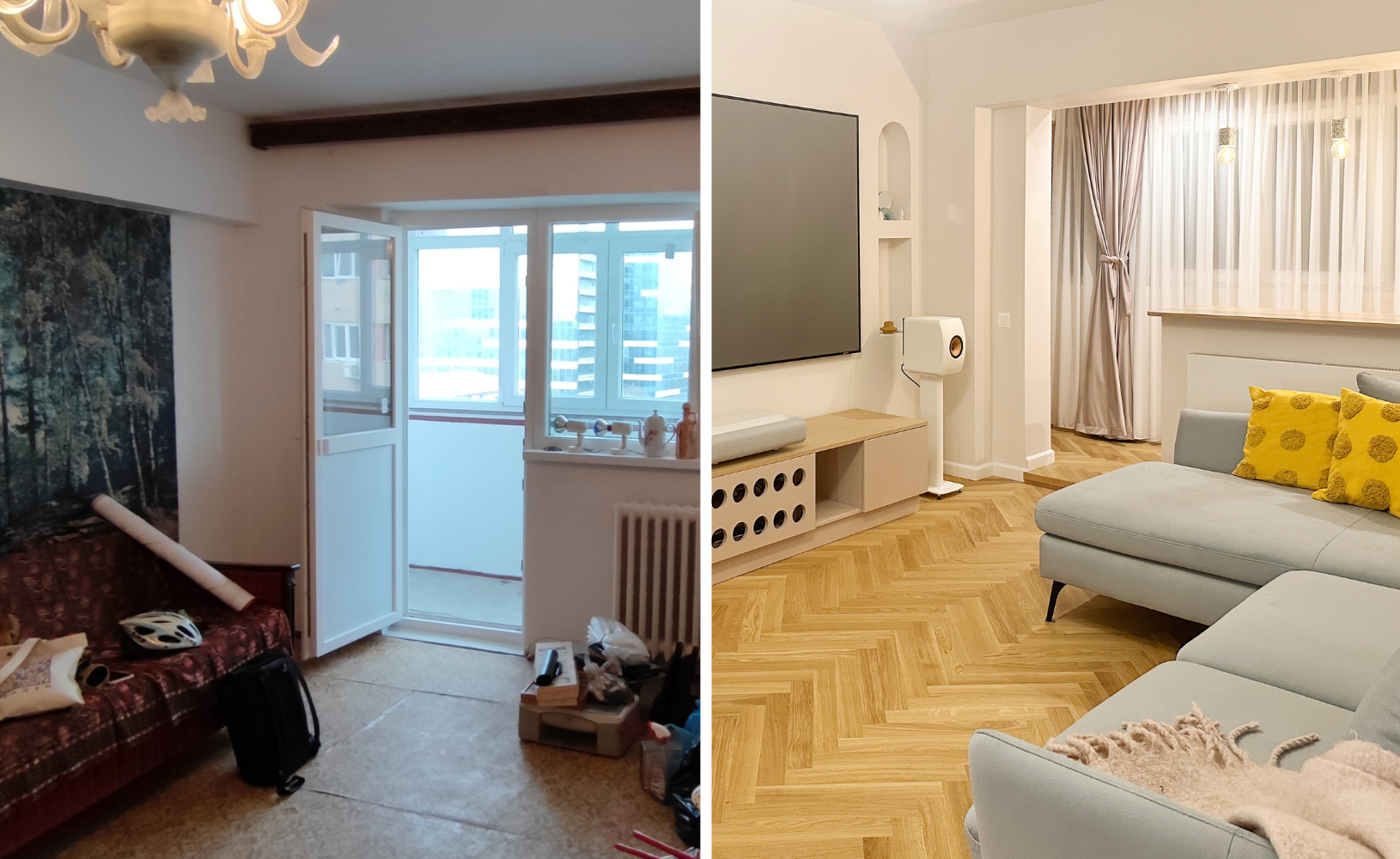 Before&after: au scăpat de linoleumul dintr-un apartament de bloc optzecist și au obținut un spațiu pastelat și futurist