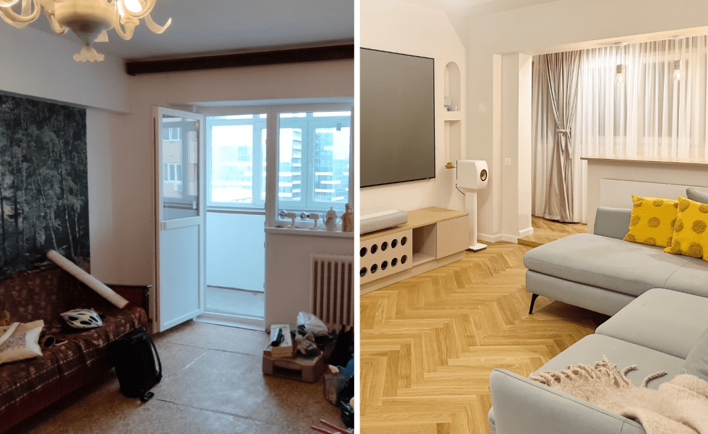 comparatie before after renovare living prima locuinta