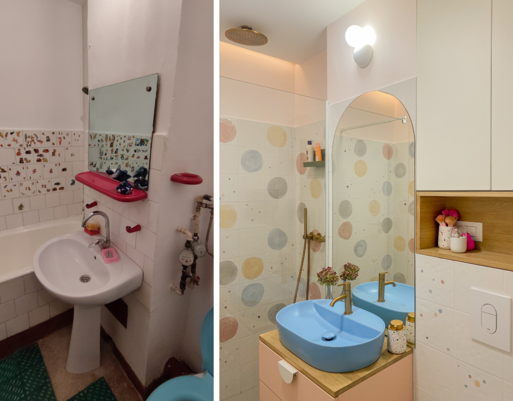 before after renovare baie apartament vechi in culori pastelate cu oglinda in forma de arcada