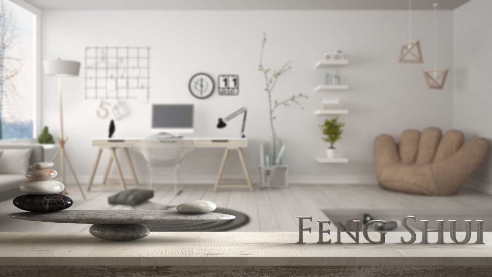 Imagine conceptuală pentru amenajare birou Feng Shui cu nuanțte neutre,