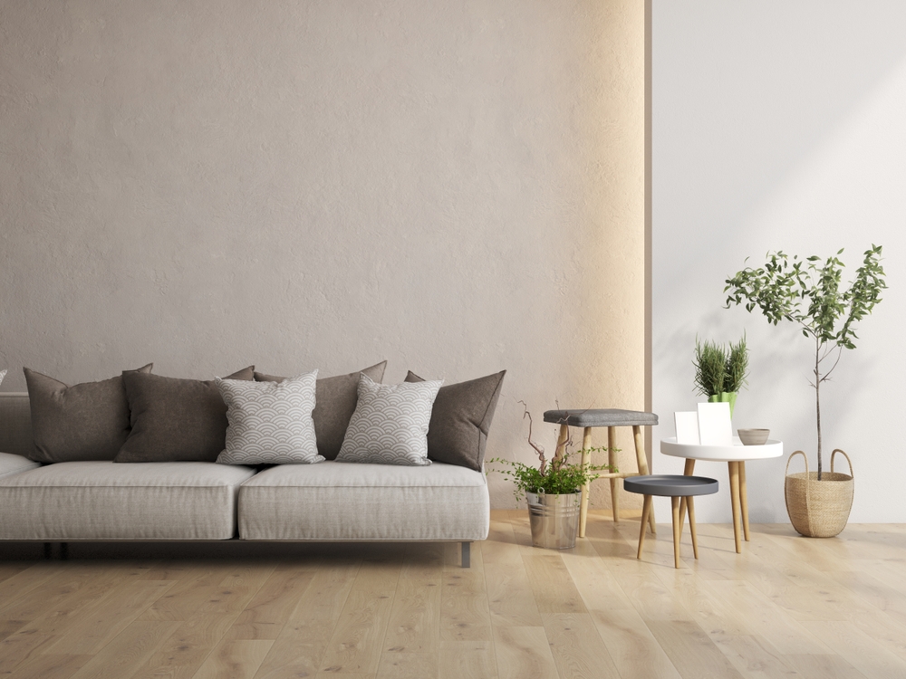 canapea gri cu accesorii masute si planta in living