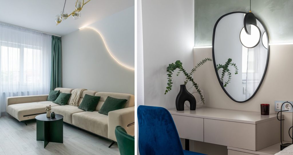 detalii din living și dormitor amenajate cu mobilier pe comandă
