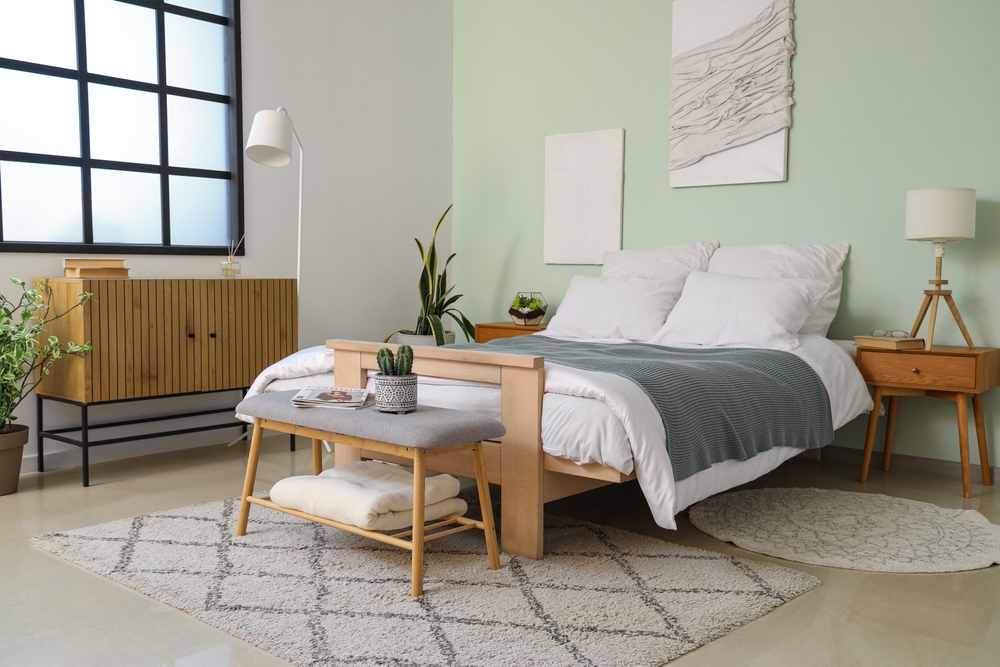 dormitor modern cu perete accent verde si fereastra