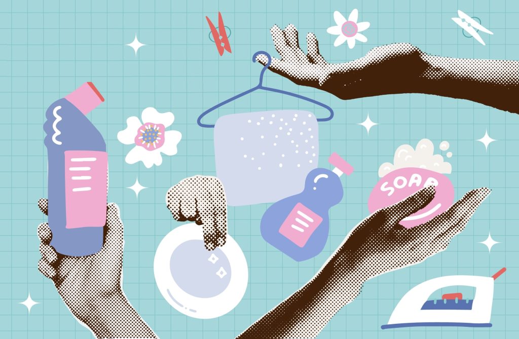 ilustratie program de curatenie in casa colajcu maini si produsede curatenie pe fundal turcoaz
