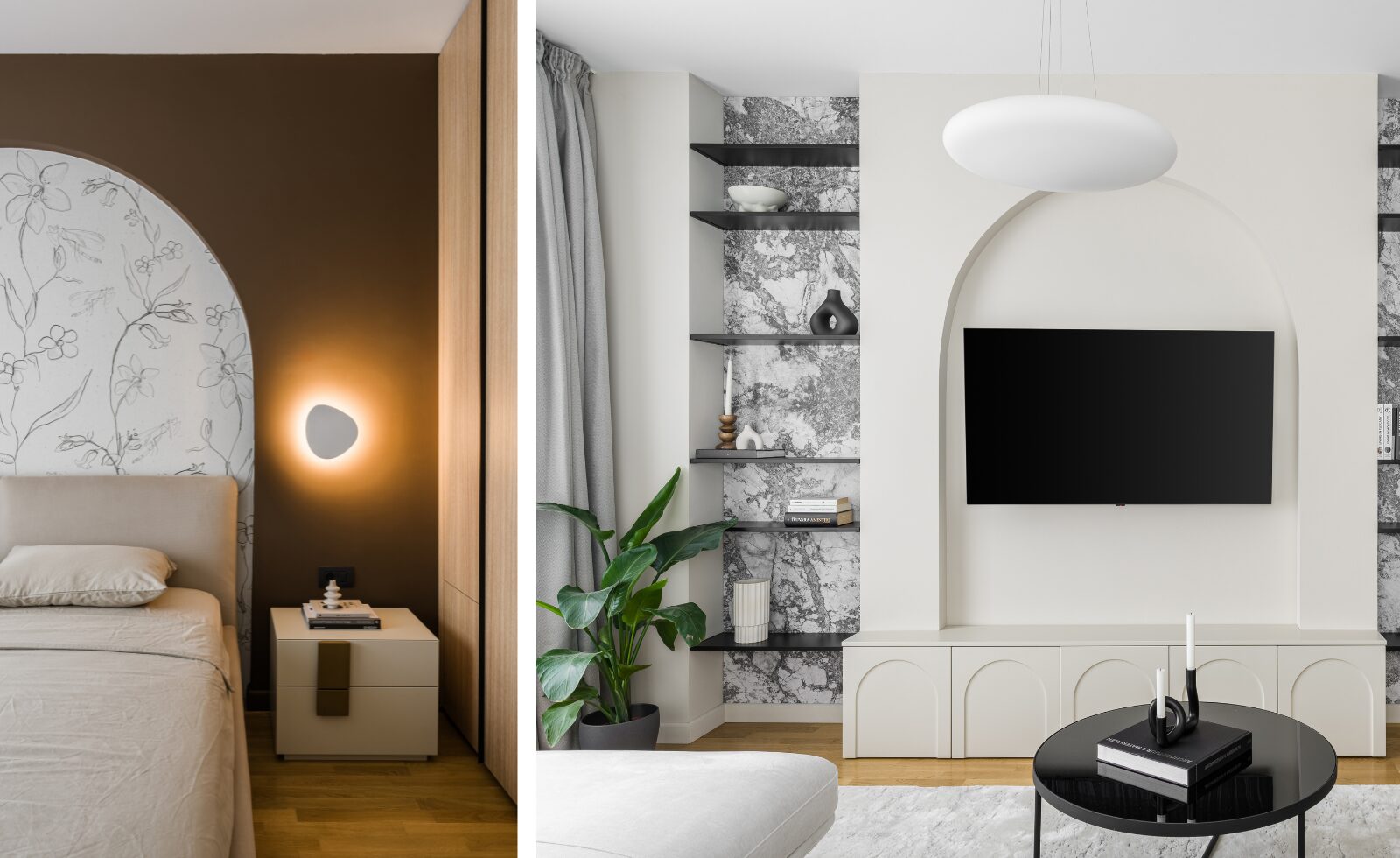 amenajare cu arcade rigips living si dormitor perete ciocolatiu cu tapet floral si living cu arcada bej in zona televizorului