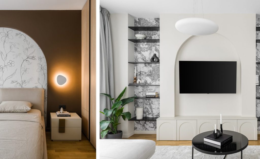 amenajare cu arcade rigips living si dormitor perete ciocolatiu cu tapet floral si living cu arcada bej in zona televizorului