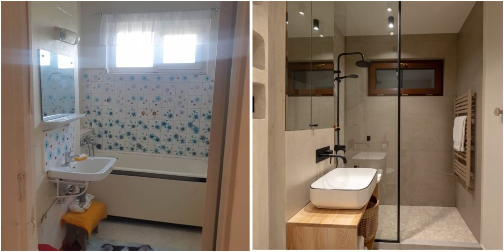 baie cu dus-walk in la bloc ceramica bej masca lavoar din lemn panou de sticla rigola inaltata