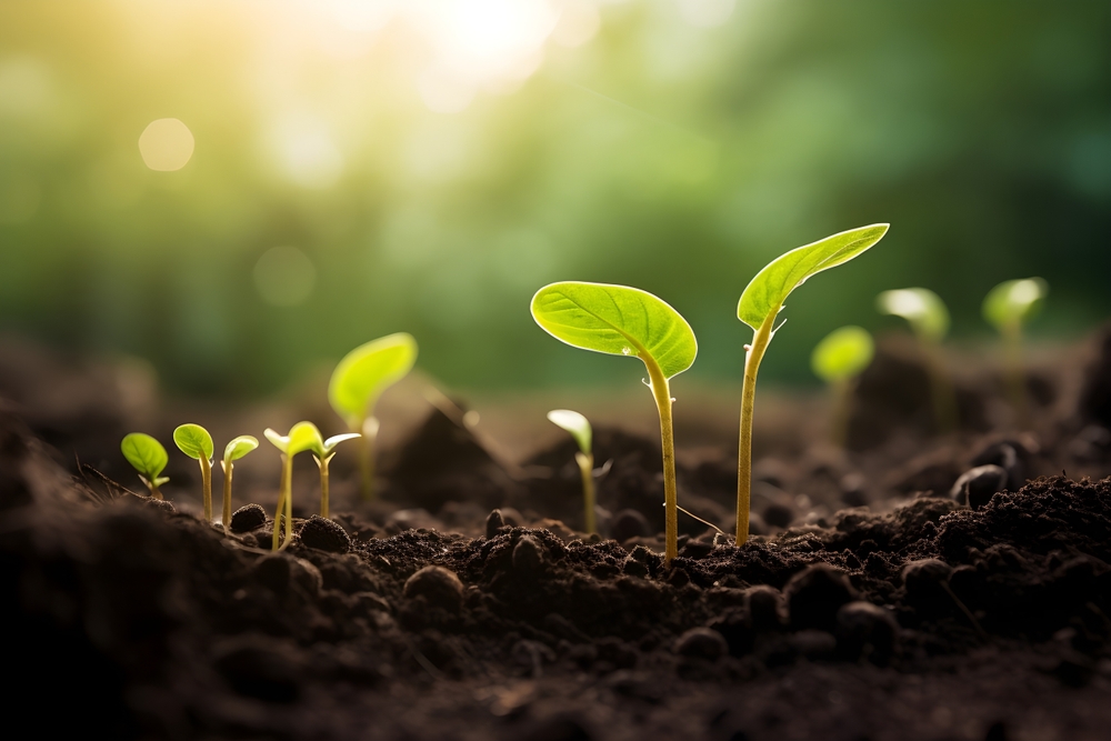 Pregătire pământ pentru răsaduri: Răsaduri de plante proaspăt plantate în solul din grădină în plin soare.