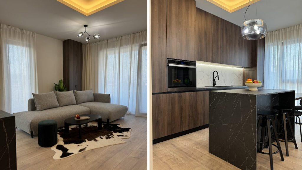 amenajare stil minimalist buget mic cluj mobilier pal lemn de nuc culoarea tutunului canapea gri covor piele de vaca parchet laminat