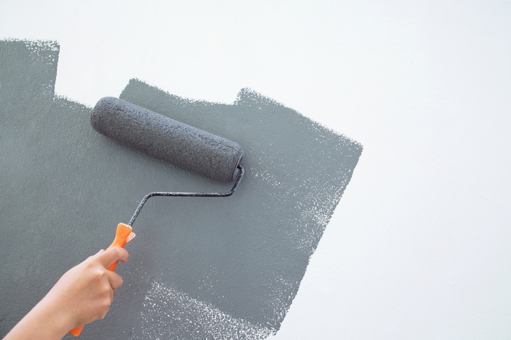 vopsea lavabila gri pe perete alb aplicata cu trafalet