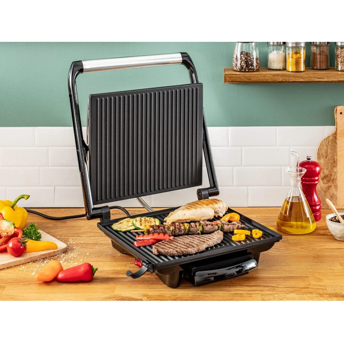 Gratar electric Tefal GC241D38, 2000 W, 2 placi grill antiaderente, indicator LED, depozitare verticala