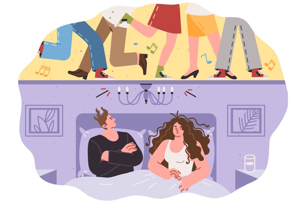 vecini gălăgioși lege solutii ilustrație cu cuplu care doarme și vecini deasupra la petrecere