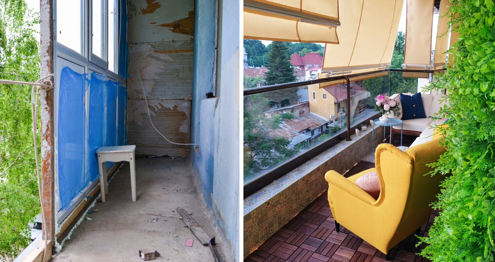 poze de before and after cu un balcon în timpul șantierului și unul deja renovat, mobilat