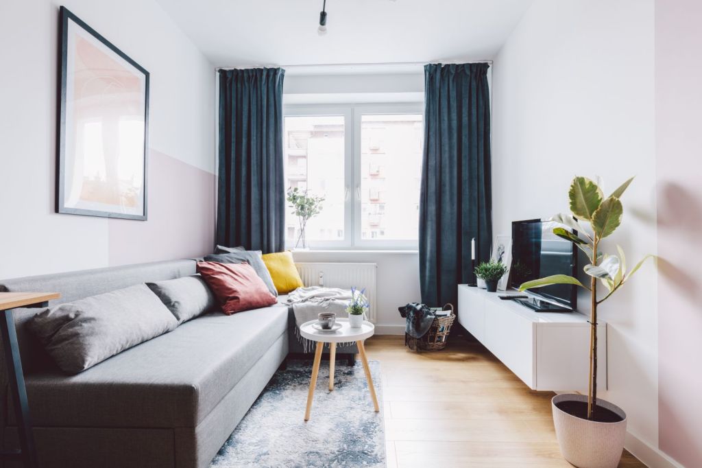 canapea sau coltar in amenajare living dreptunghiular cu parchet lemn mobilier modern comoda alba covor gri