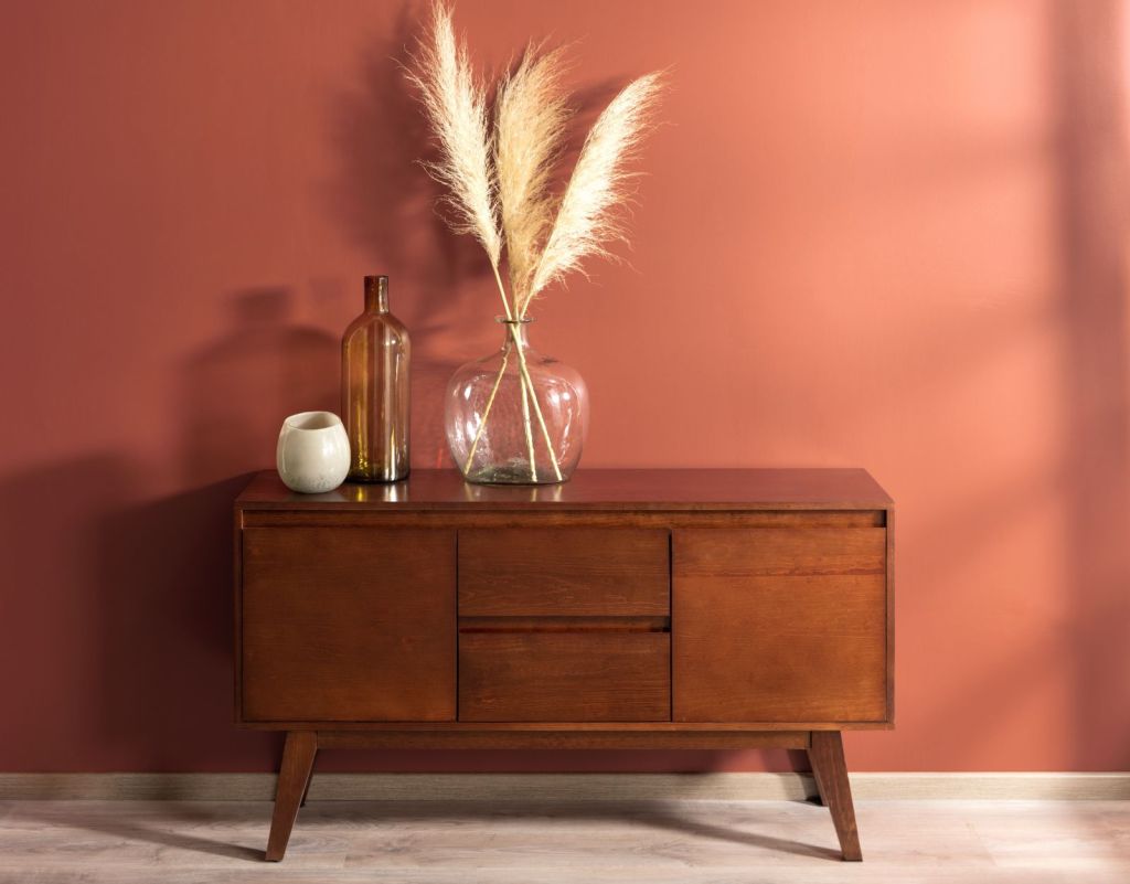 idei de vopsit peretii nuanta terracotta pe un perete de living cu o comoda din lemn stil mid century modern si o vaza cu stuf