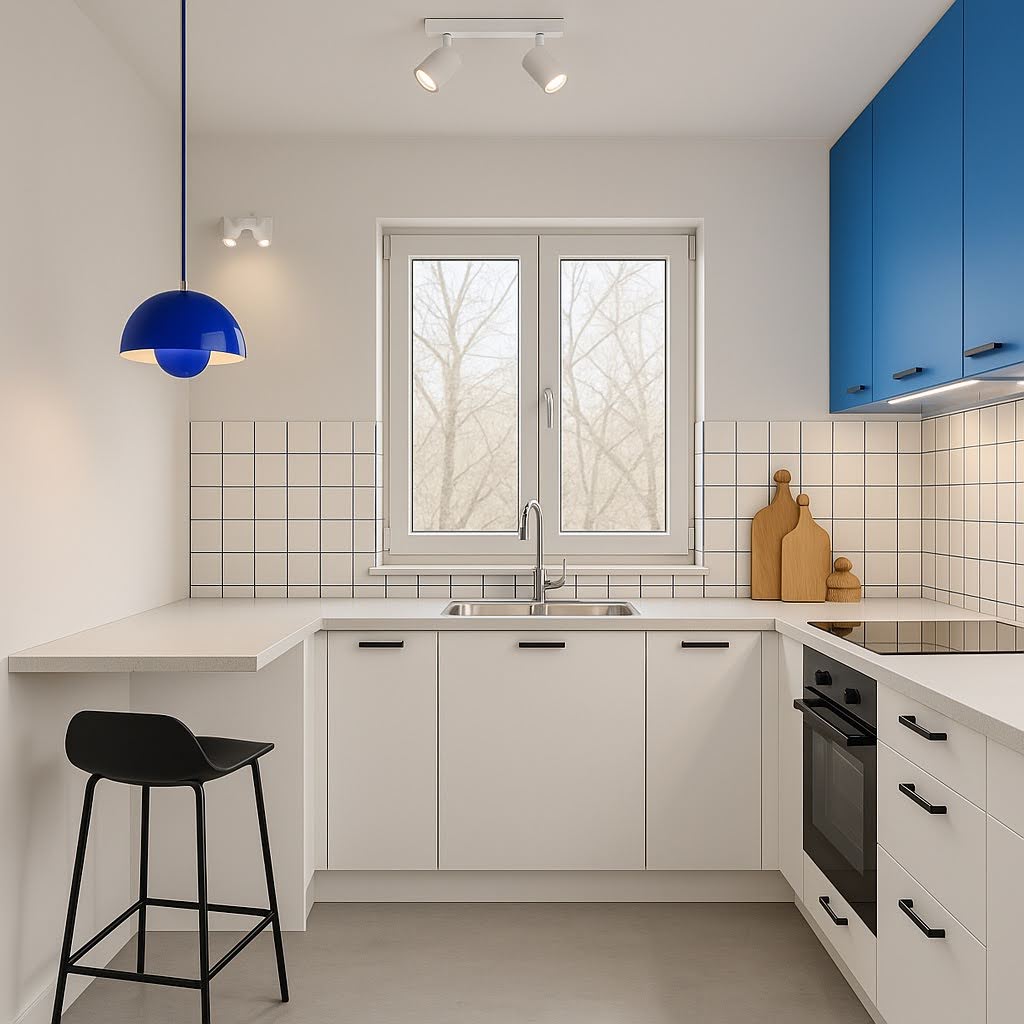 randare amenajare cu chat gpt bucatarie stil scandinav alb cu mobilier albastru