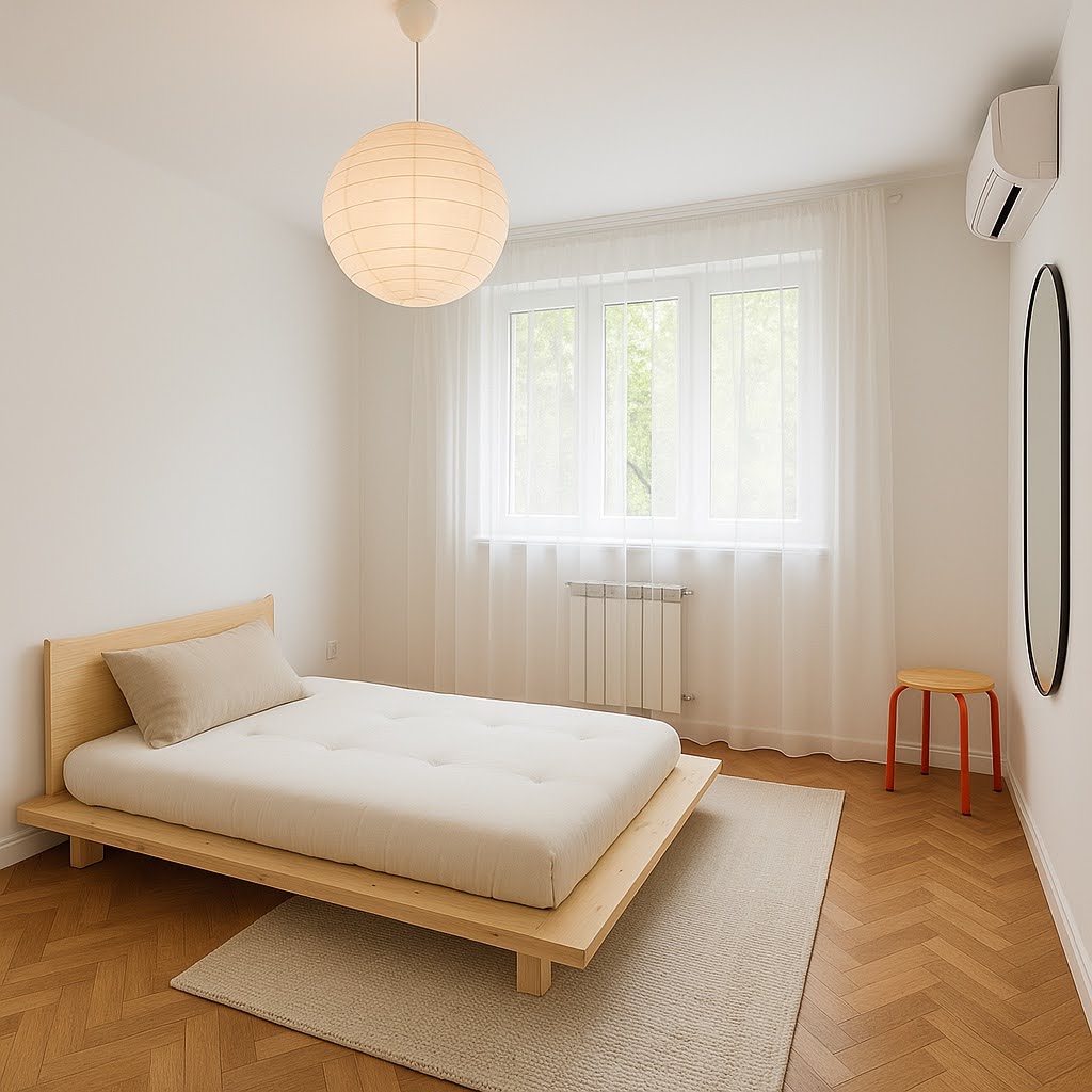 randare amenajare dormitor cu chat gpt stil scandinav parchet din lemn pat din lemn