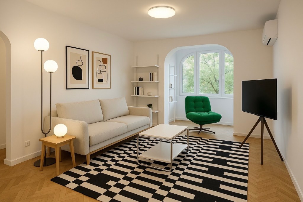 randare amenajare living cu chat gpt covor cu dungi ikea tablouri pereti albi si canapea gri deschis