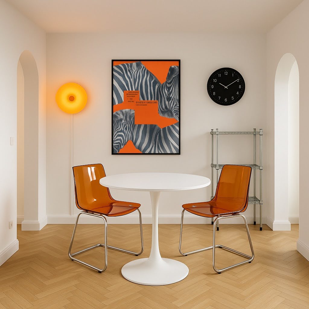 randare zona dining amenajare cu chat gpt masa alba scaune din pvc oranj tablou colorat