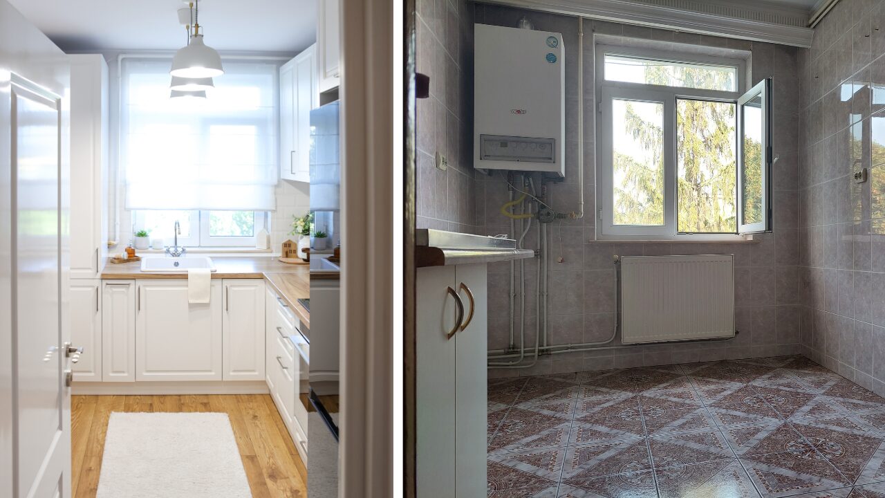 renovare apartament vechi inainte si dupa bucatarie demodata amenajare stil scandinav corpuri de mobilier albe
